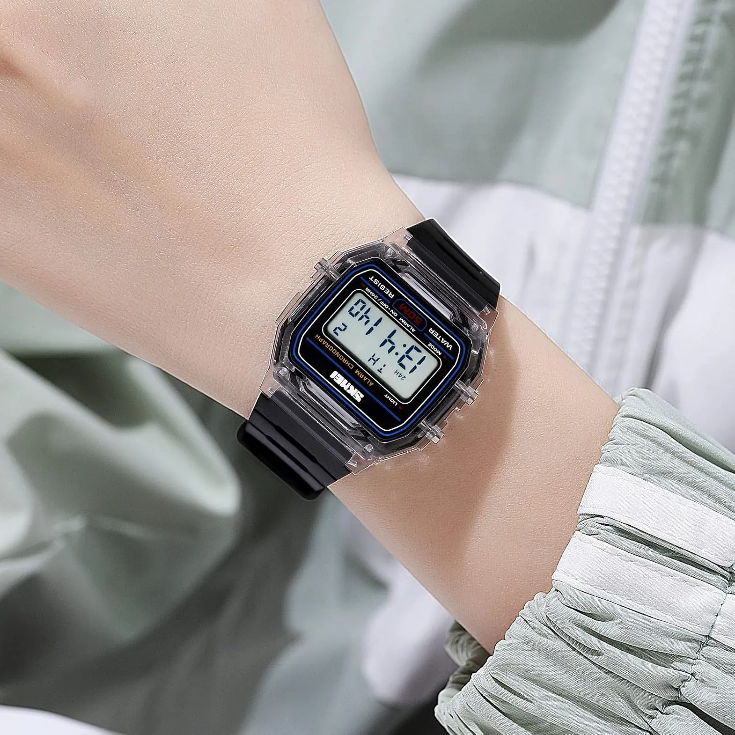 Waterproof Casual Digital concentric Watch Gosasa Unisex Classic Transparent Color PU Strap Digital Sports Watch 