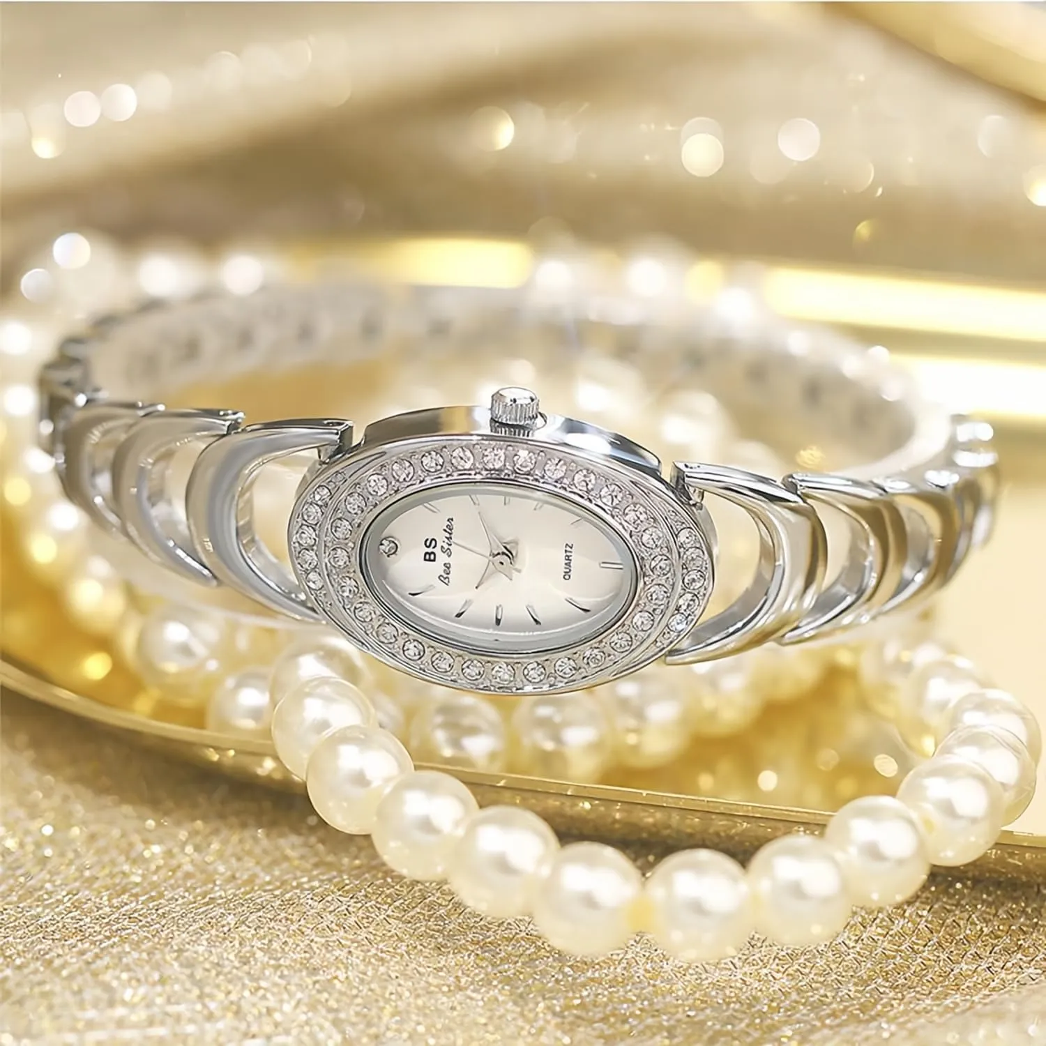 Waterproof Elegant Wristwatch CARLIEN Womens Unique Luxury Rhinestone Bezel Oval Quartz Watch Fashion Alloy Steel flux verify Bracelet 