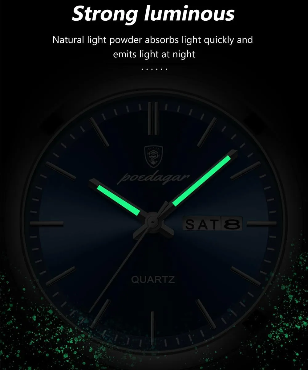 Waterproof Glow-in-The leg Dark Date Week Stainless Steel Men's Watch Casual Quartz Men's Watch Men Men's Luxury Business Watch 