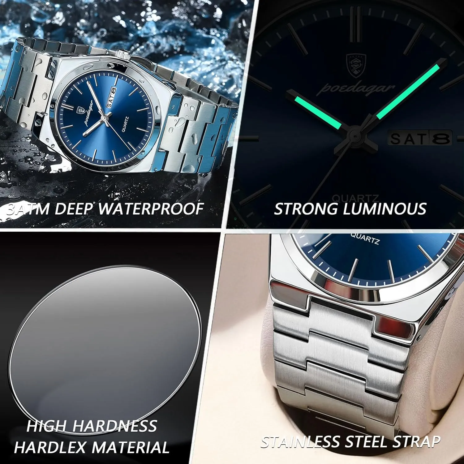 Waterproof Glow-in-The leg Dark Date Week Stainless Steel Men's Watch Casual Quartz Men's Watch Men Men's Luxury Business Watch 