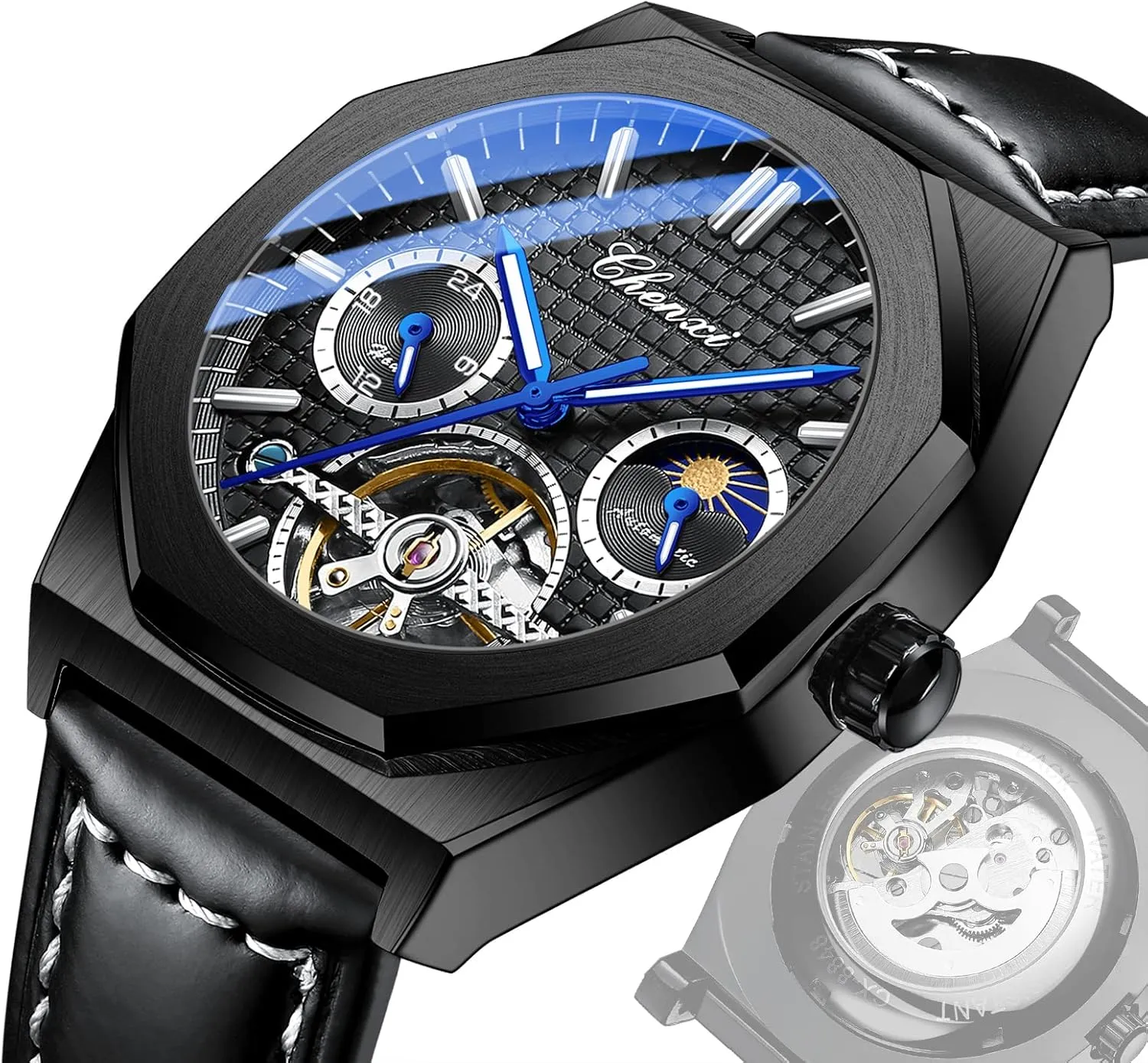Waterproof Luminous Business Dress Watch downtown upgrade slough Luxury Large Dial Wristwatch FANMIS Men's Skeleton Moon Phase Automatic Watch Mechanical Self-Winding Watch 