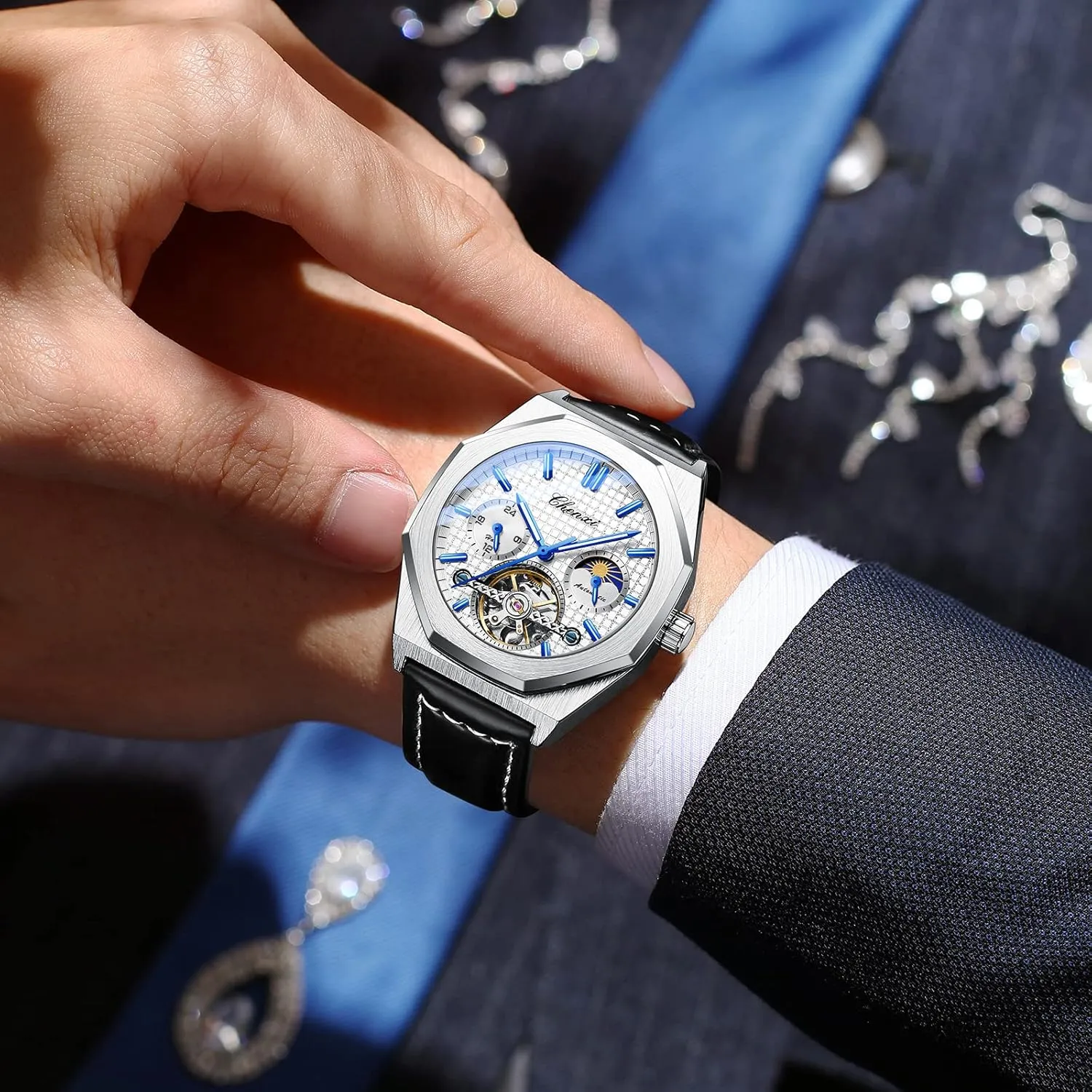 Waterproof Luminous Business Dress Watch downtown upgrade slough Luxury Large Dial Wristwatch FANMIS Men's Skeleton Moon Phase Automatic Watch Mechanical Self-Winding Watch 