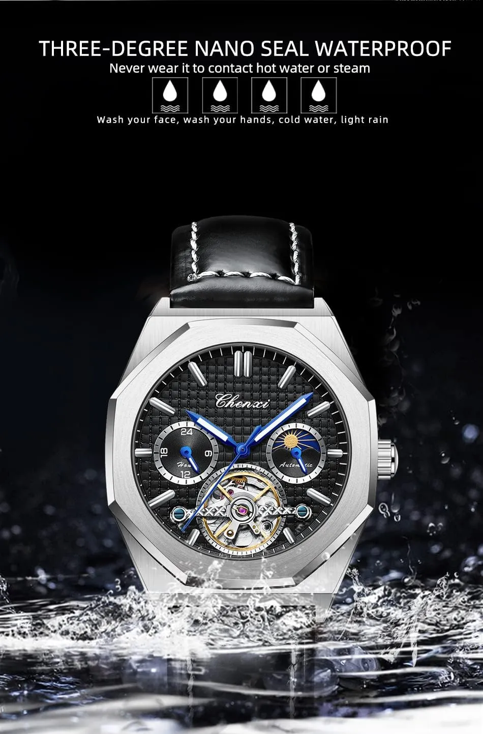 Waterproof Luminous Business Dress Watch downtown upgrade slough Luxury Large Dial Wristwatch FANMIS Men's Skeleton Moon Phase Automatic Watch Mechanical Self-Winding Watch 