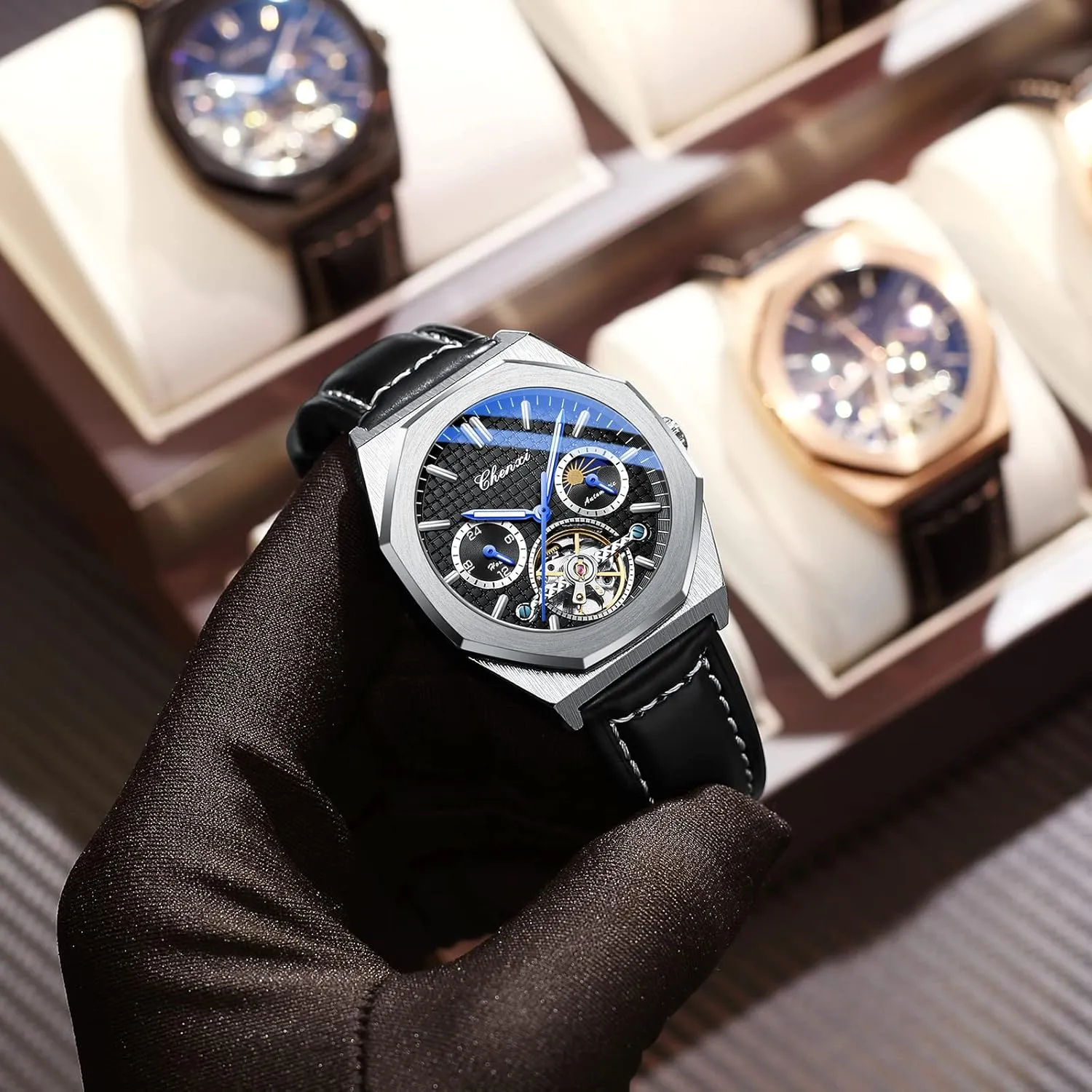 Waterproof Luminous Business Dress Watch downtown upgrade slough Luxury Large Dial Wristwatch FANMIS Men's Skeleton Moon Phase Automatic Watch Mechanical Self-Winding Watch 