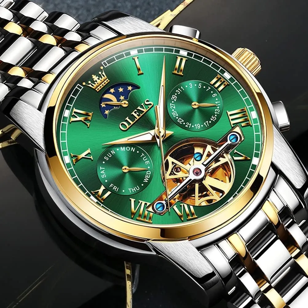 Waterproof Luminous Date Wrist Watch OLEVS Mens Watch Automatic Mechanical Tourbillon Self Winding fuse locale board Luxury Stainless Steel 