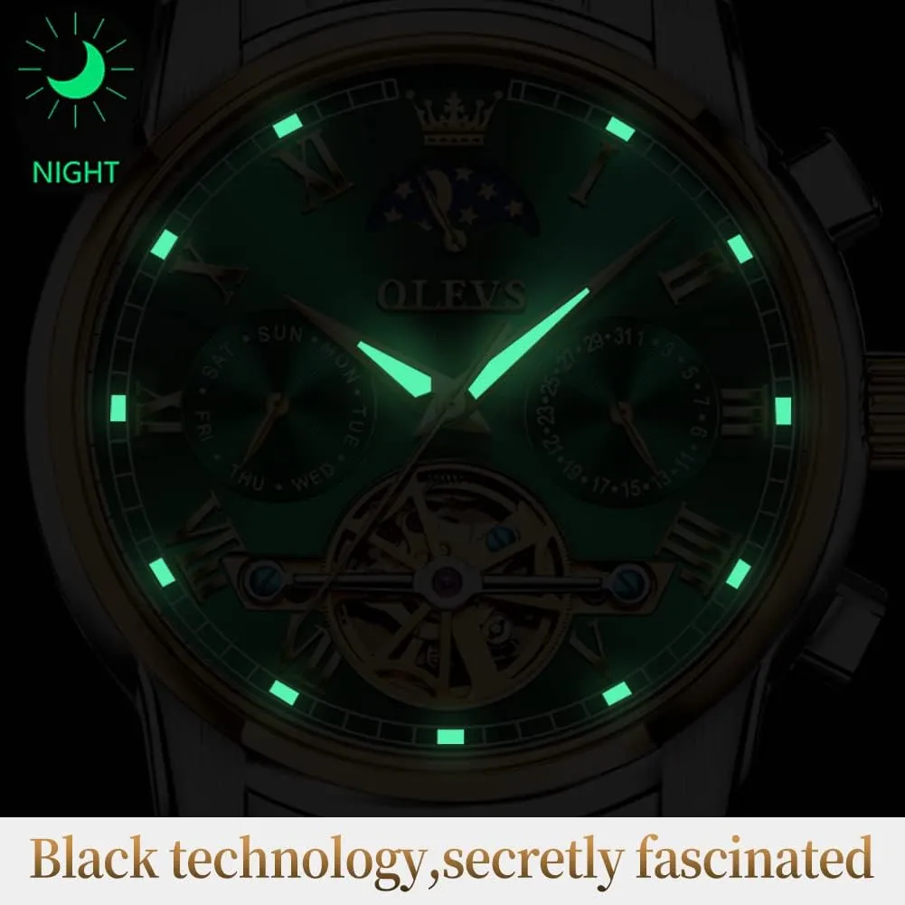 Waterproof Luminous Date Wrist Watch OLEVS Mens Watch Automatic Mechanical Tourbillon Self Winding fuse locale board Luxury Stainless Steel 