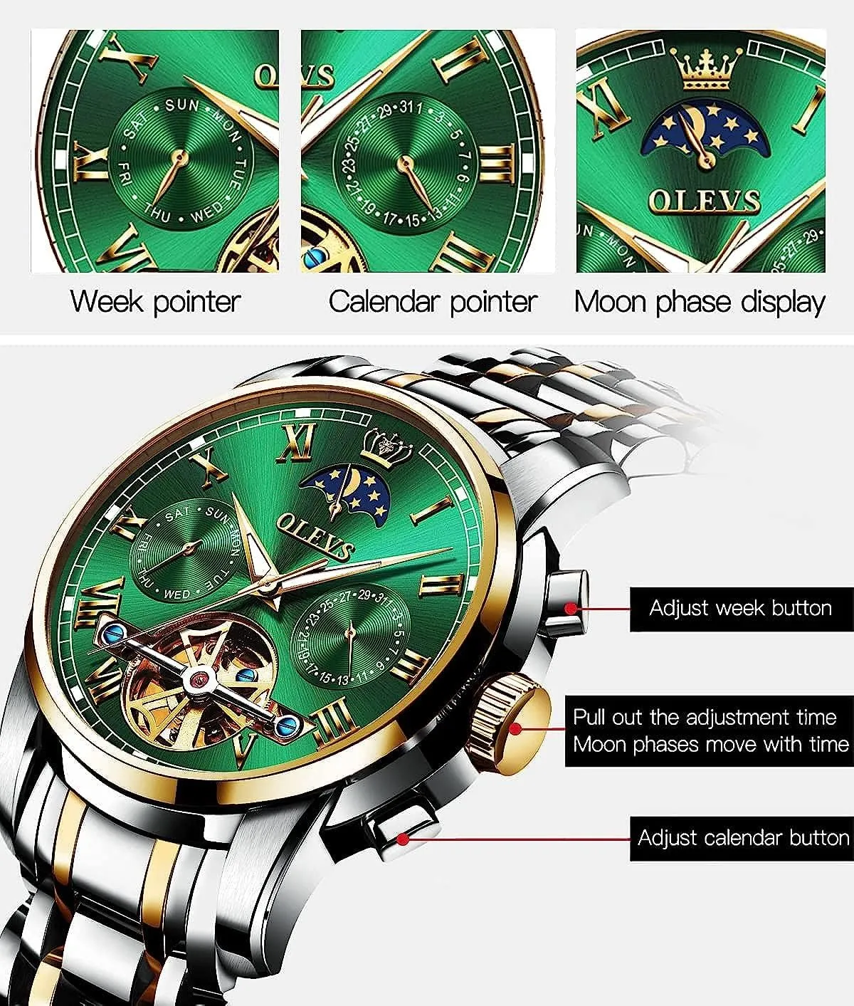 Waterproof Luminous Date Wrist Watch OLEVS Mens Watch Automatic Mechanical Tourbillon Self Winding fuse locale board Luxury Stainless Steel 