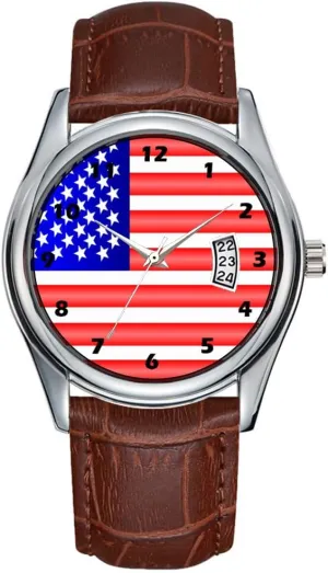 Waterproof Quartz Watches Clock Date Classic Business Brown Leather Christmas Wristwatch American rawhide Flag Watches Men Watch Casual 