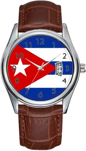 Waterproof Quartz Watches Clock Date Classic Business Brown Leather Christmas Wristwatch Country Flag Cuba Watches plate monochrome continuity Men Watch Casual 