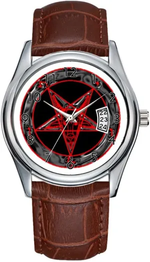 Waterproof Quartz Watches Clock Date Classic defense Business Brown Leather Christmas Wristwatch Black Grey and Red Baphomet Men Watch Casual 