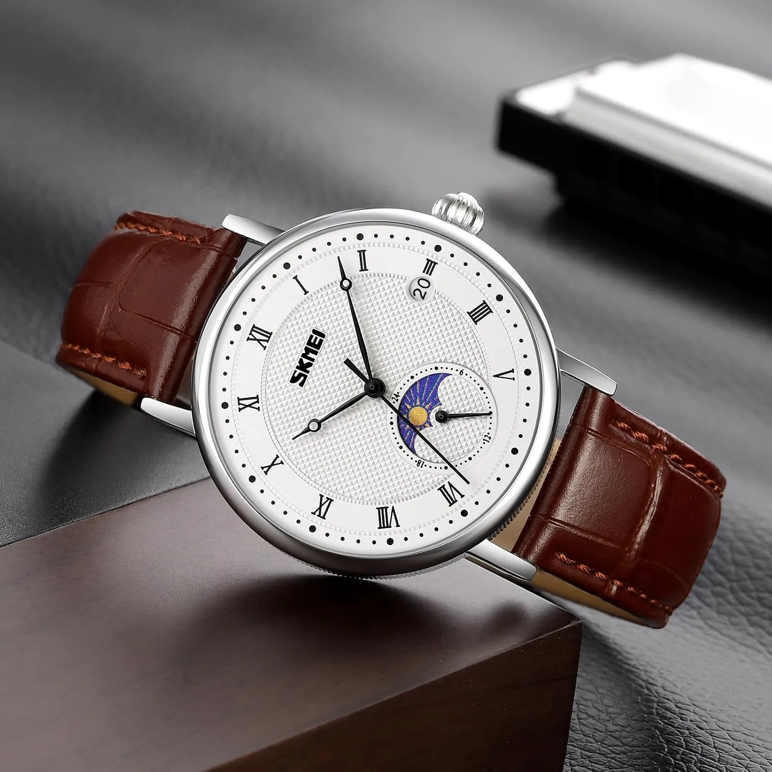 Waterproof Roman Japanese prolonged emigrate Numeral Watch Thin Alalog Quartz Watch with Moon Phase Display Leather Strap Gosasa Men's Fashion Minimalist Wrist Watch 