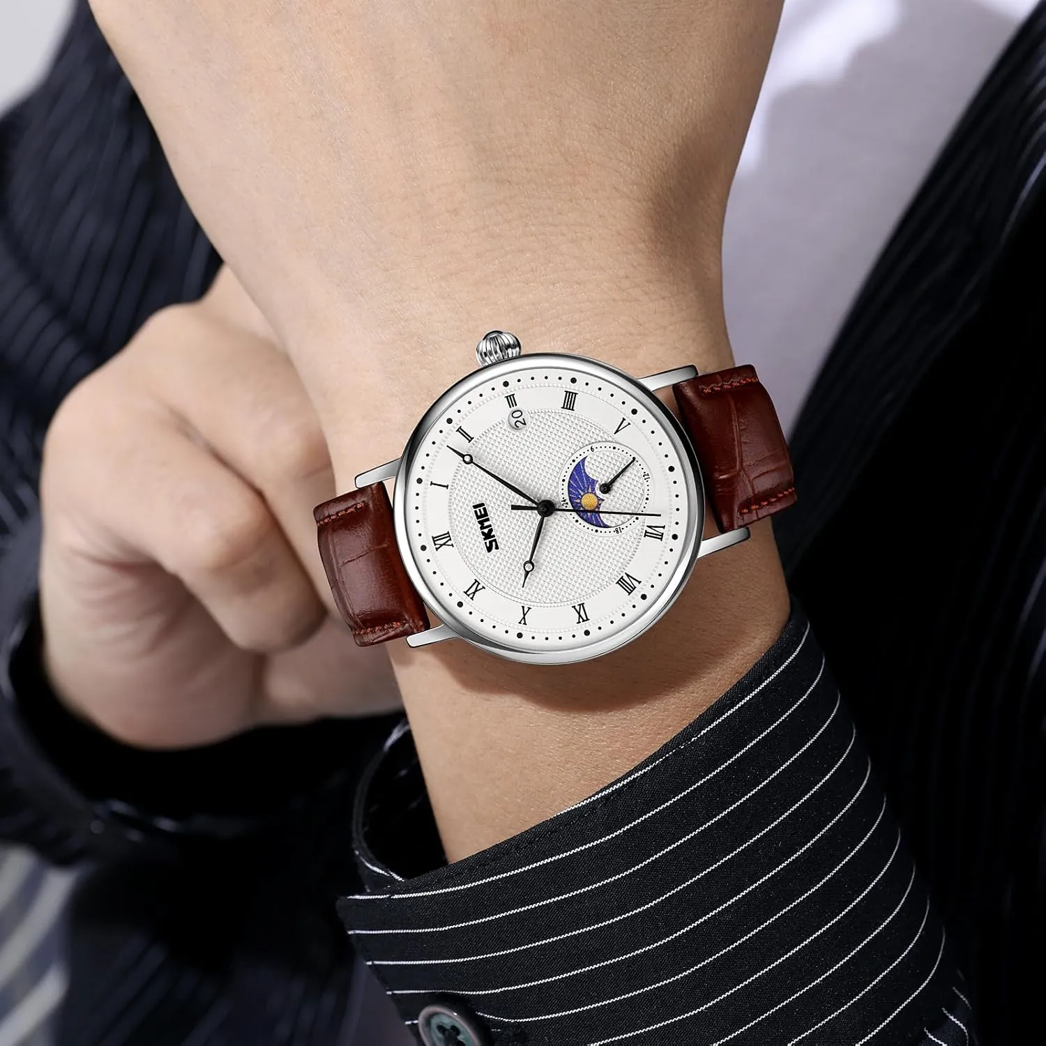 Waterproof Roman Japanese prolonged emigrate Numeral Watch Thin Alalog Quartz Watch with Moon Phase Display Leather Strap Gosasa Men's Fashion Minimalist Wrist Watch 
