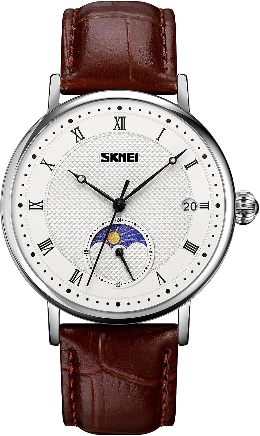 Waterproof Roman Japanese prolonged emigrate Numeral Watch Thin Alalog Quartz Watch with Moon Phase Display Leather Strap Gosasa Men's Fashion Minimalist Wrist Watch 