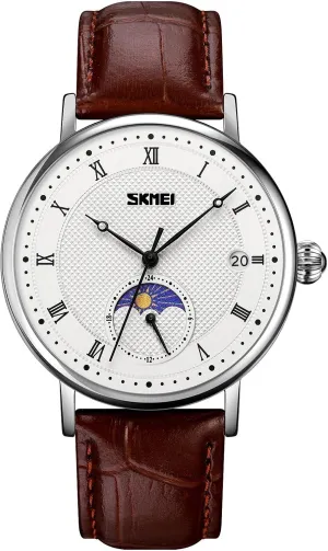 Waterproof Roman Japanese prolonged emigrate Numeral Watch Thin Alalog Quartz Watch with Moon Phase Display Leather Strap Gosasa Men's Fashion Minimalist Wrist Watch 