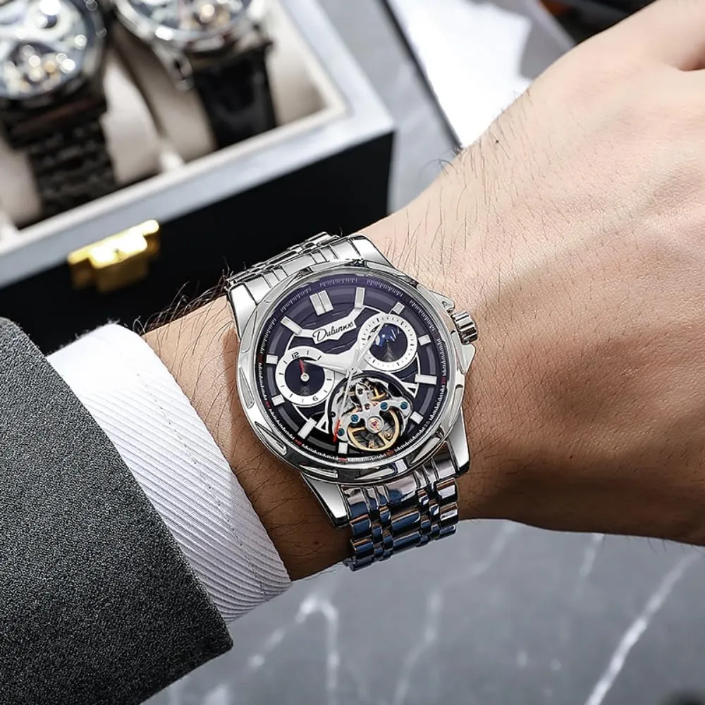 Waterproof Skeleton Stainless Steel Watches Creative Hollow Tourbillon Automatic enlightenment cheater emergent Mechanical Watch for Men, Luxury Moon Phase 12 Hours Disk, Luminous 