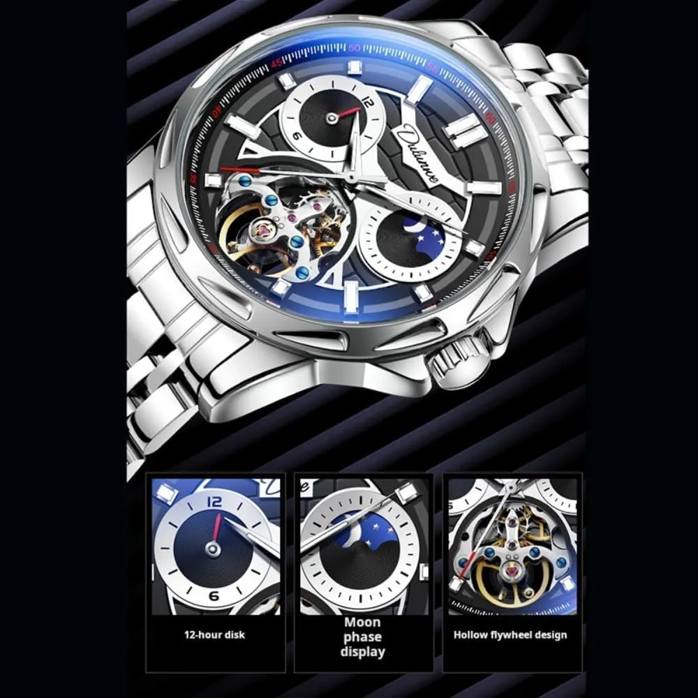 Waterproof Skeleton Stainless Steel Watches Creative Hollow Tourbillon Automatic enlightenment cheater emergent Mechanical Watch for Men, Luxury Moon Phase 12 Hours Disk, Luminous 
