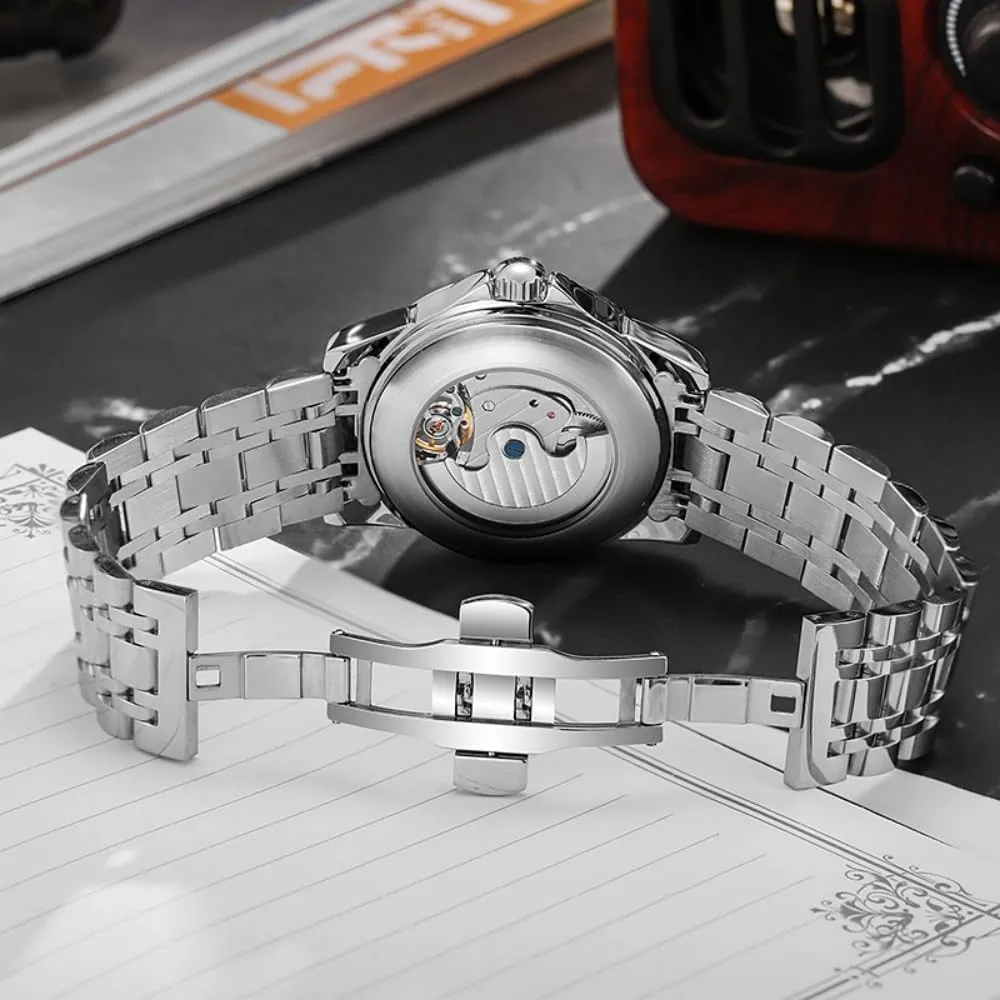 Waterproof Skeleton Stainless Steel Watches Creative Hollow Tourbillon Automatic enlightenment cheater emergent Mechanical Watch for Men, Luxury Moon Phase 12 Hours Disk, Luminous 