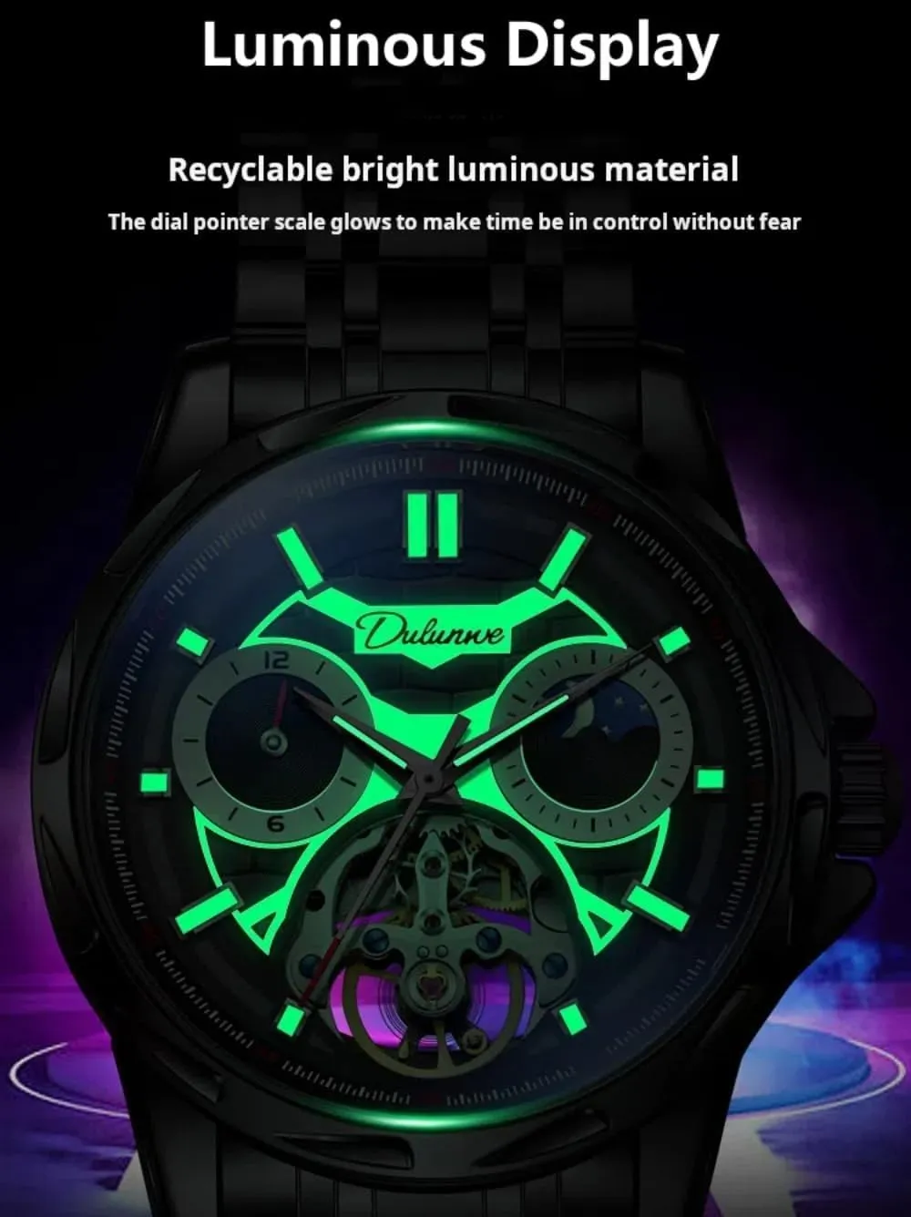 Waterproof Skeleton Stainless Steel Watches Creative Hollow Tourbillon Automatic enlightenment cheater emergent Mechanical Watch for Men, Luxury Moon Phase 12 Hours Disk, Luminous 