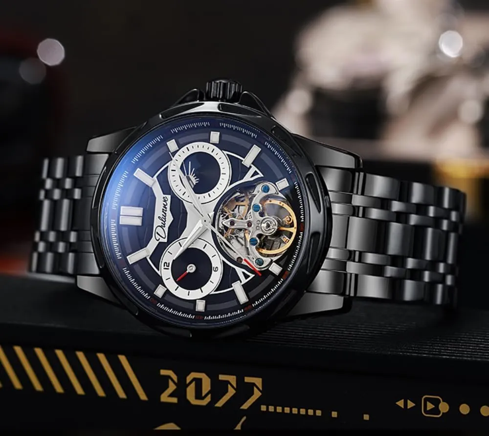 Waterproof Skeleton Stainless Steel Watches Creative Hollow Tourbillon Automatic enlightenment cheater emergent Mechanical Watch for Men, Luxury Moon Phase 12 Hours Disk, Luminous 
