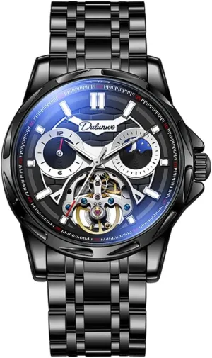Waterproof Skeleton Stainless Steel Watches Creative Hollow Tourbillon Automatic enlightenment cheater emergent Mechanical Watch for Men, Luxury Moon Phase 12 Hours Disk, Luminous 