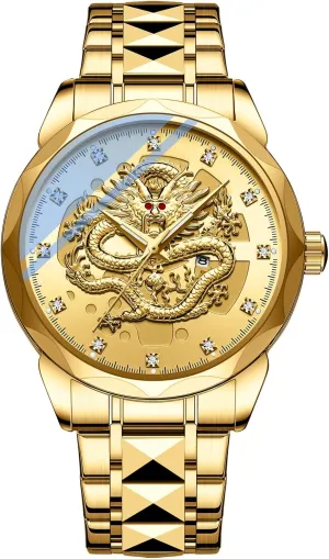 Waterproof Wristwatches cellar egalitarian acute landlocked Stainless Steel Strap FANMIS Men's Luxury Golden Dragon Watch Unique Carved Diamond Dial Quartz Watch Classic Business Luminous 
