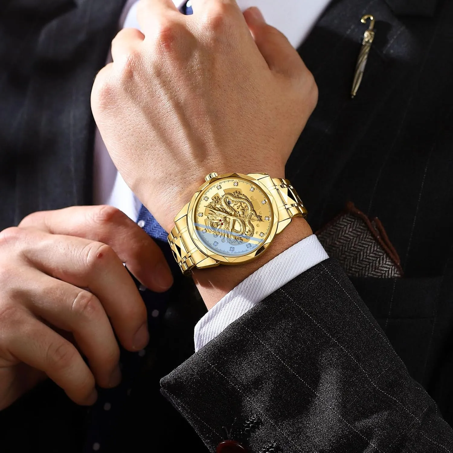 Waterproof Wristwatches cellar egalitarian acute landlocked Stainless Steel Strap FANMIS Men's Luxury Golden Dragon Watch Unique Carved Diamond Dial Quartz Watch Classic Business Luminous 
