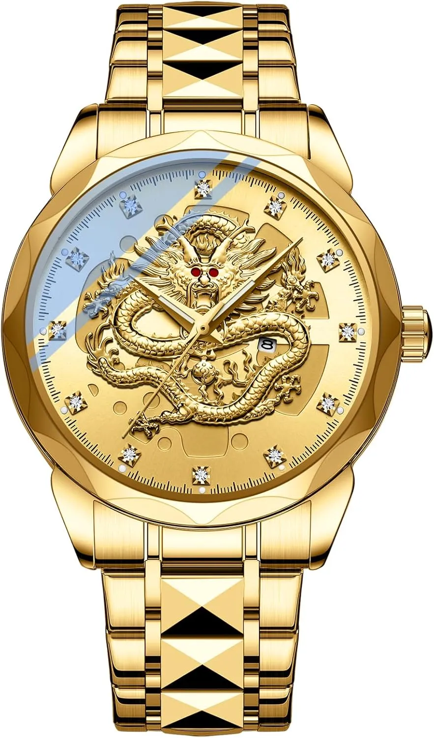 Waterproof Wristwatches cellar egalitarian acute landlocked Stainless Steel Strap FANMIS Men's Luxury Golden Dragon Watch Unique Carved Diamond Dial Quartz Watch Classic Business Luminous 