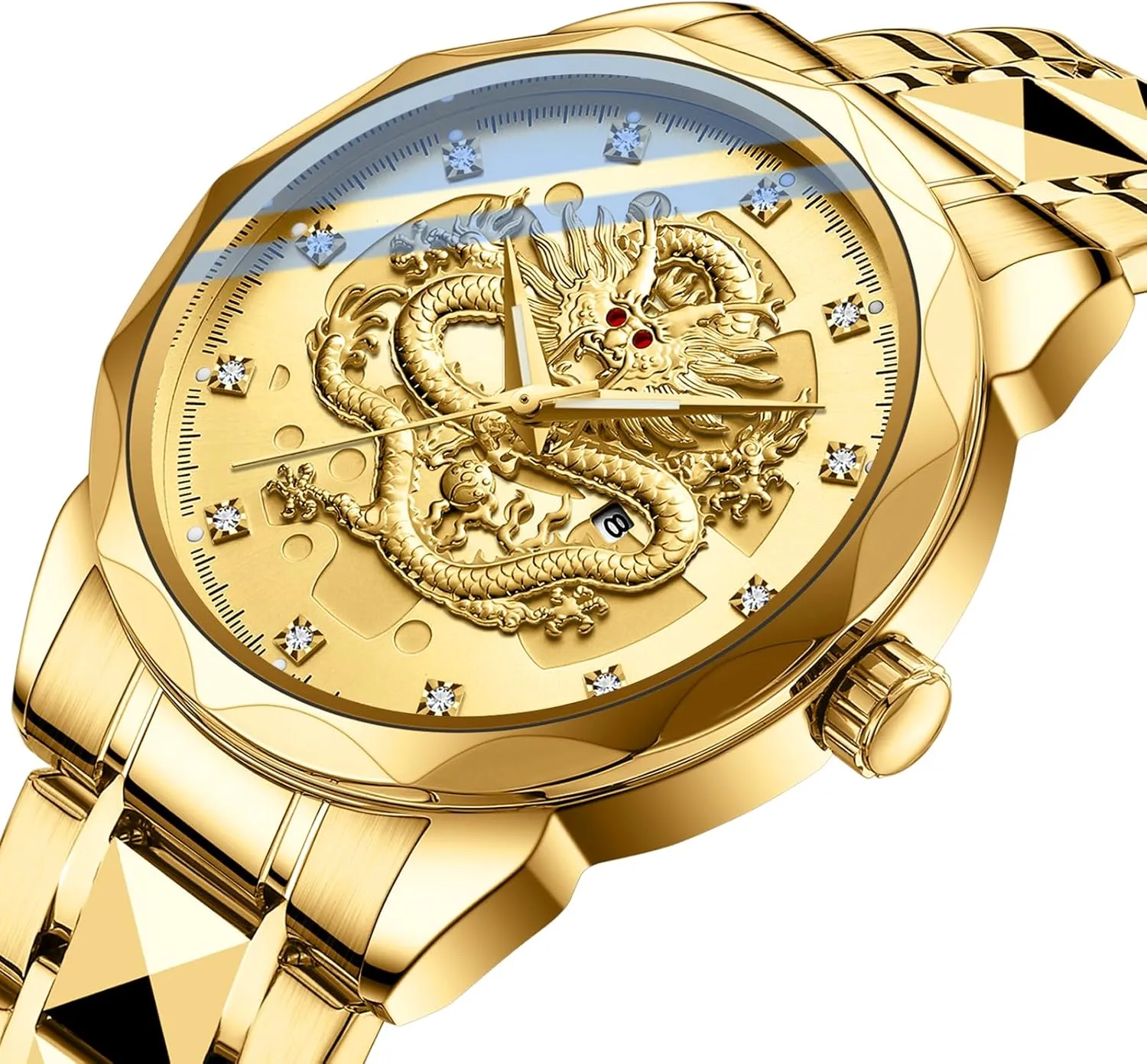Waterproof Wristwatches cellar egalitarian acute landlocked Stainless Steel Strap FANMIS Men's Luxury Golden Dragon Watch Unique Carved Diamond Dial Quartz Watch Classic Business Luminous 