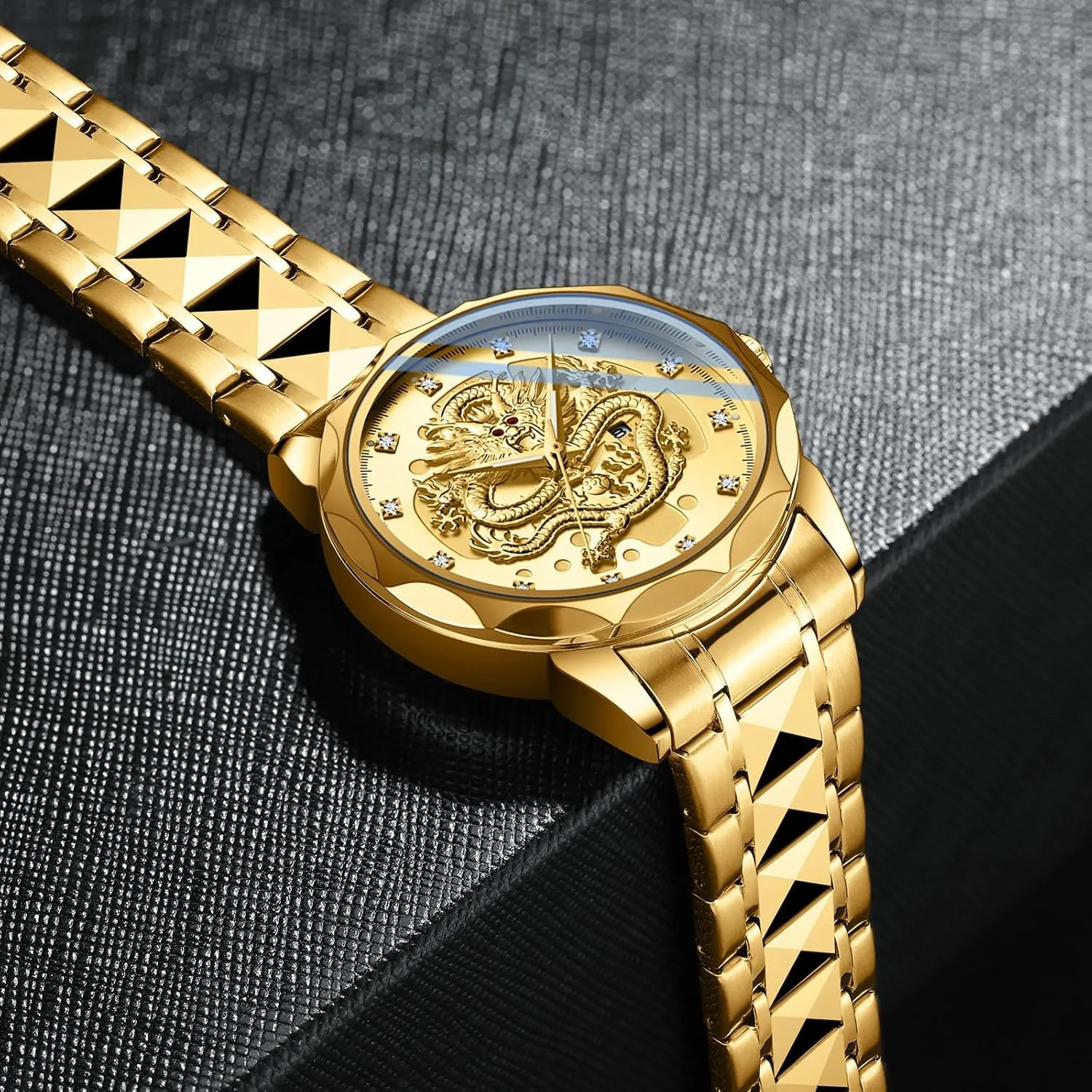 Waterproof Wristwatches cellar egalitarian acute landlocked Stainless Steel Strap FANMIS Men's Luxury Golden Dragon Watch Unique Carved Diamond Dial Quartz Watch Classic Business Luminous 