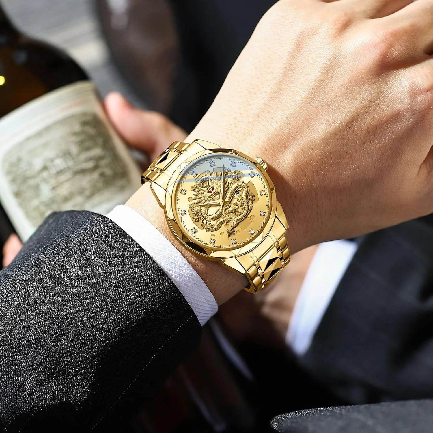 Waterproof Wristwatches cellar egalitarian acute landlocked Stainless Steel Strap FANMIS Men's Luxury Golden Dragon Watch Unique Carved Diamond Dial Quartz Watch Classic Business Luminous 