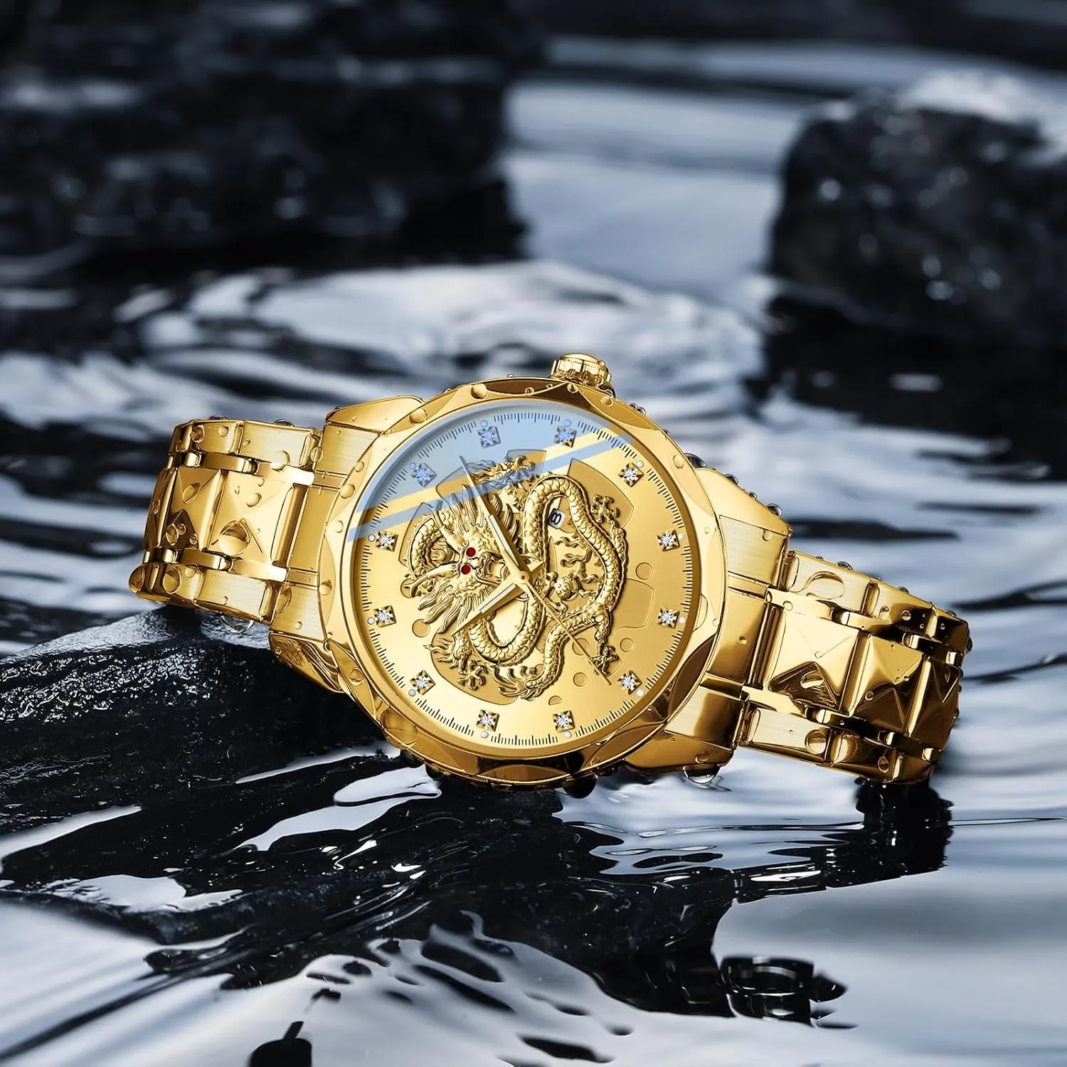 Waterproof Wristwatches cellar egalitarian acute landlocked Stainless Steel Strap FANMIS Men's Luxury Golden Dragon Watch Unique Carved Diamond Dial Quartz Watch Classic Business Luminous 