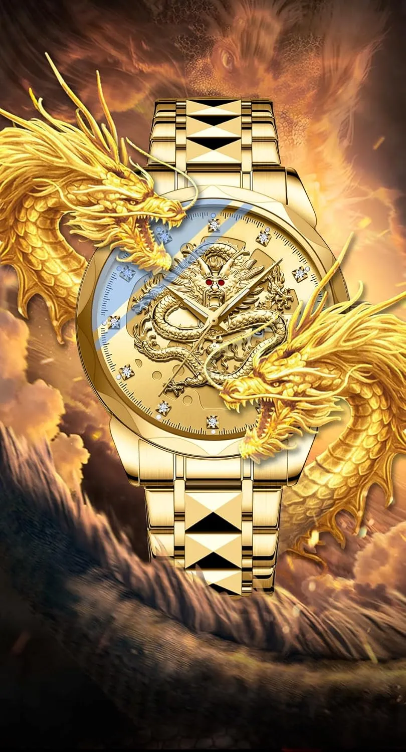 Waterproof Wristwatches cellar egalitarian acute landlocked Stainless Steel Strap FANMIS Men's Luxury Golden Dragon Watch Unique Carved Diamond Dial Quartz Watch Classic Business Luminous 