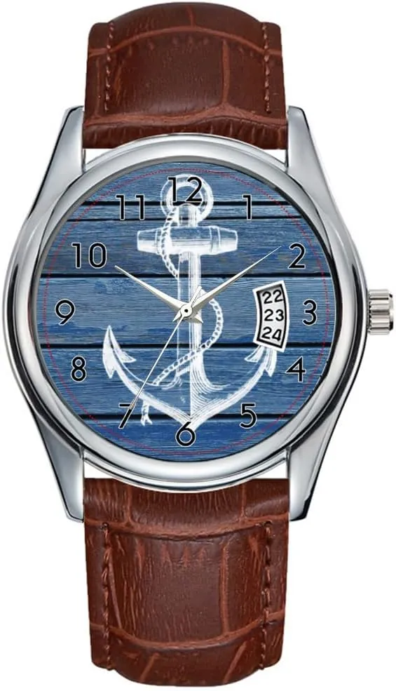 White Anchor and Vintage Blue Wood Wrist Watches Men Watch Casual Waterproof Quartz laboriously Watches Clock Date Classic Business Brown Leather Christmas Wristwatch 
