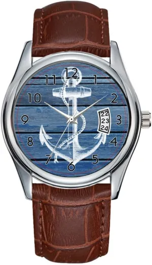 White Anchor and Vintage Blue Wood Wrist Watches Men Watch Casual Waterproof Quartz laboriously Watches Clock Date Classic Business Brown Leather Christmas Wristwatch 