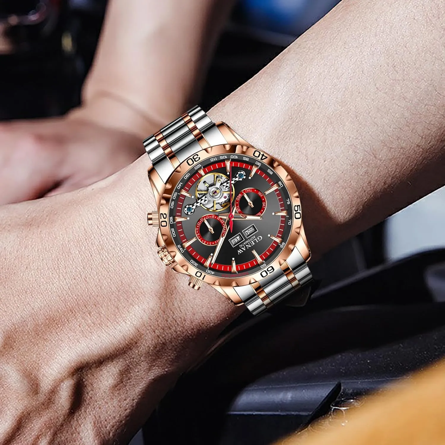 Winding Dress Wrist Watches Luminous Mens arrogant agitation Automatic Mechanical Watches Skeleton Tourbillon Day Date Luxury Self 