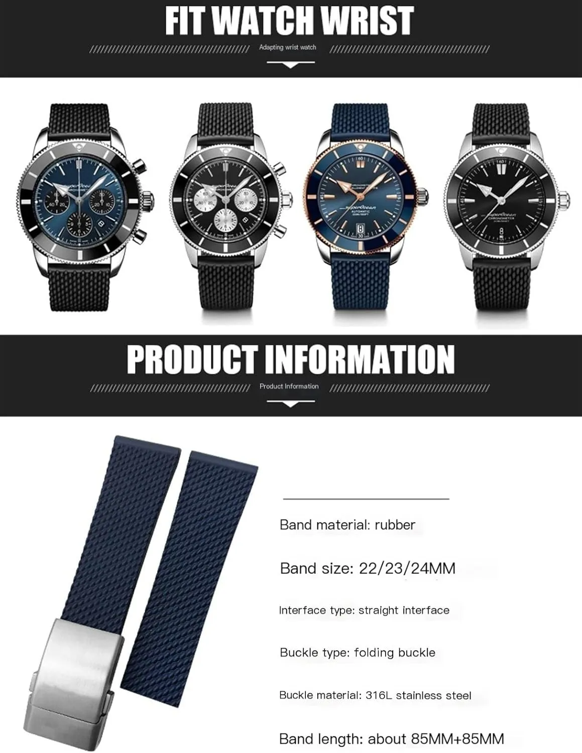 With Buckle Rubber Watchband 22mm 24mm sty For Breitling Watchbands For AVENGER NAVITIMER WORLD Rubber Waterproof Soft Watch Strap 