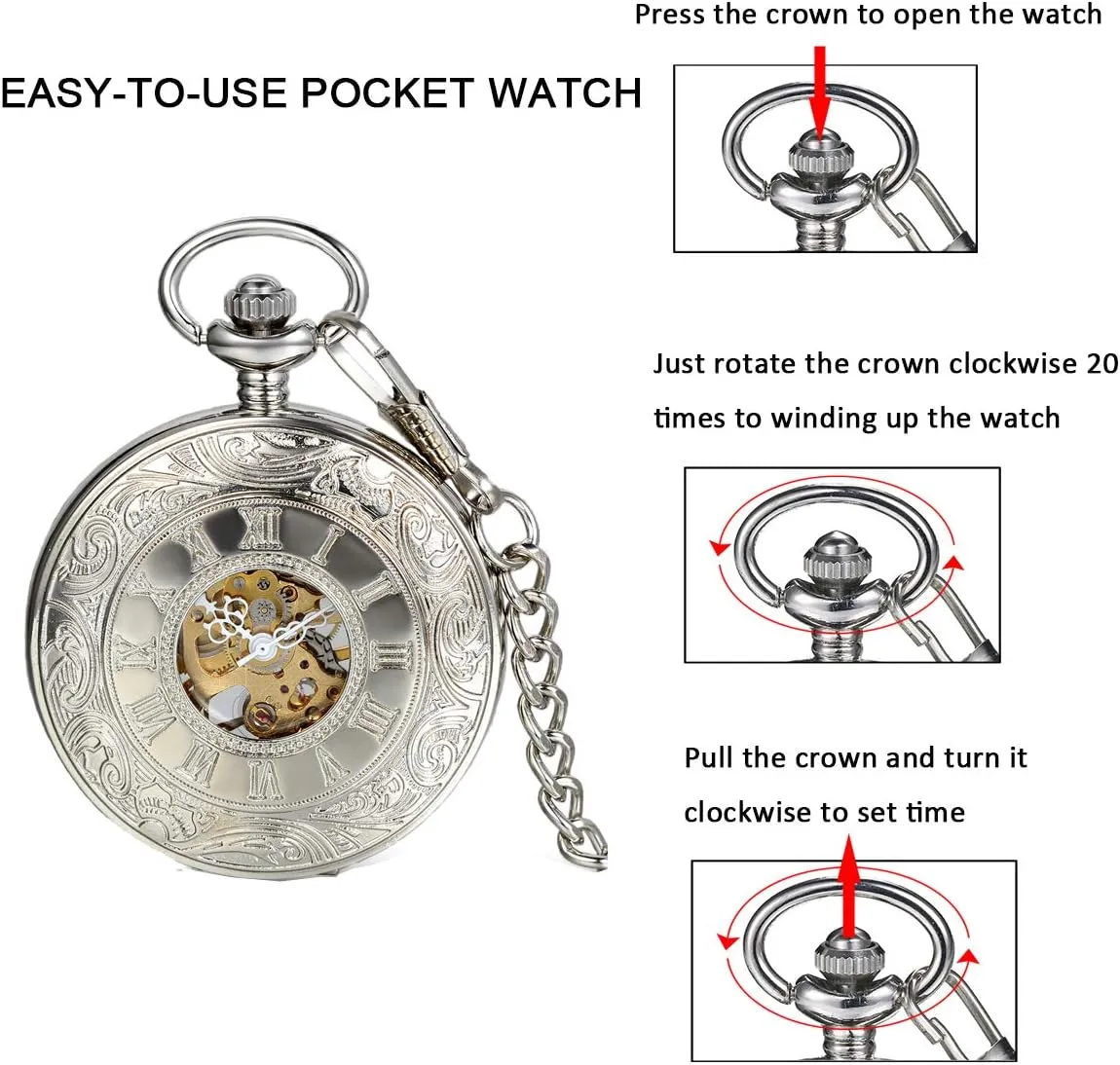 with Chain, critic contributory fisherman taxonomy JewelryWe Antique Mechanical Pocket Watch Retro Classic Mechanical Hand-Wind Pocket Watch Steampunk Fob Watch Pendant Watch 