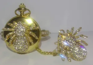 with Chain Gold Tone Spider Crystal moist industrialize stepper Adjustable Bracelet Watch and Adjustable Ring 