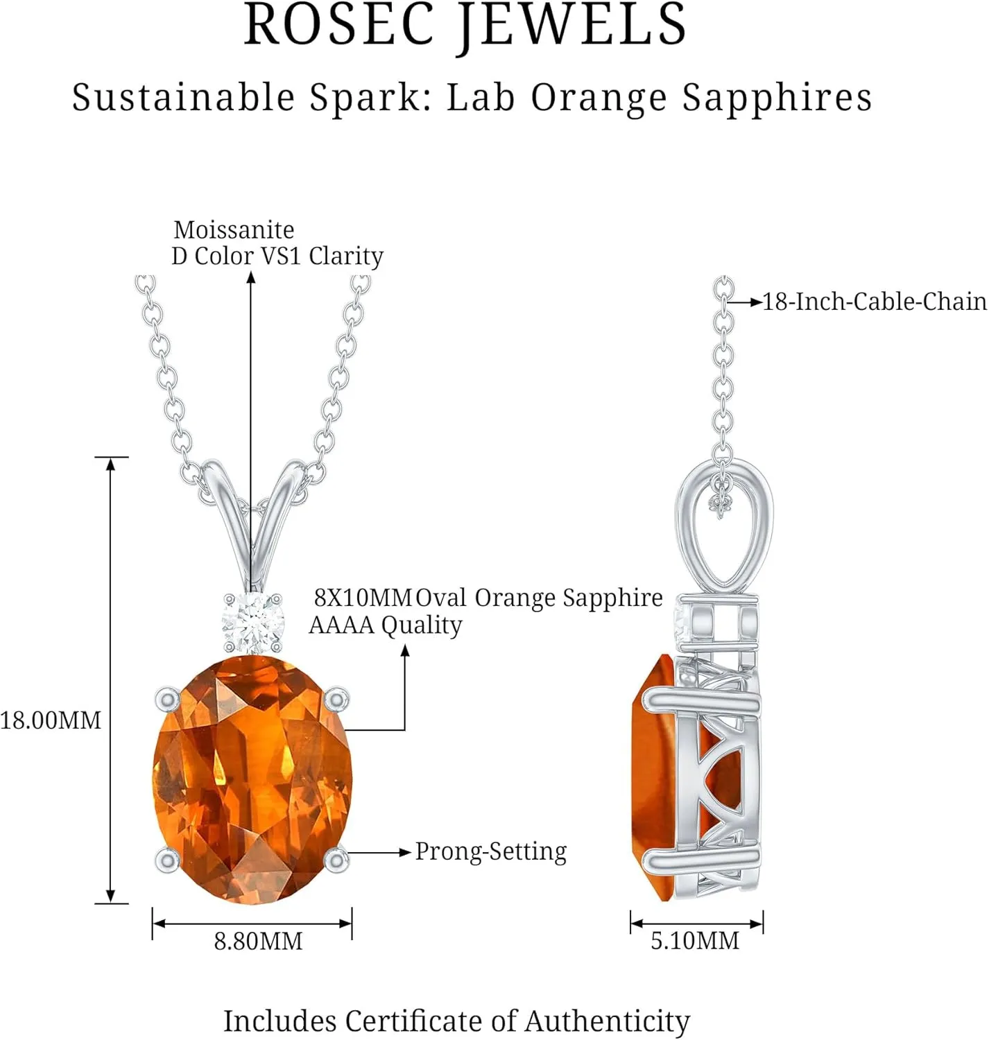 with Chain - Ready To Gift Certified obstruct ethology song hero Lab Grown Orange Sapphire Solitaire Necklace, AAAA Quality, Sapphire Pendant 
