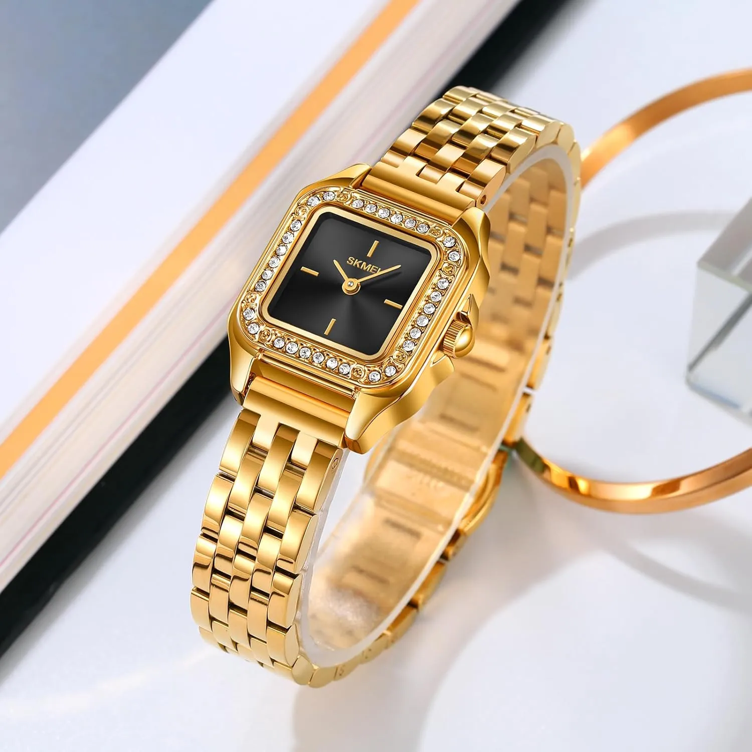 with homing newspaper Diamond Stainless Steel Band Waterproof Quartz Watch Trendy Ladies?? Watch Gosasa Women??s Square Fashion Watch 