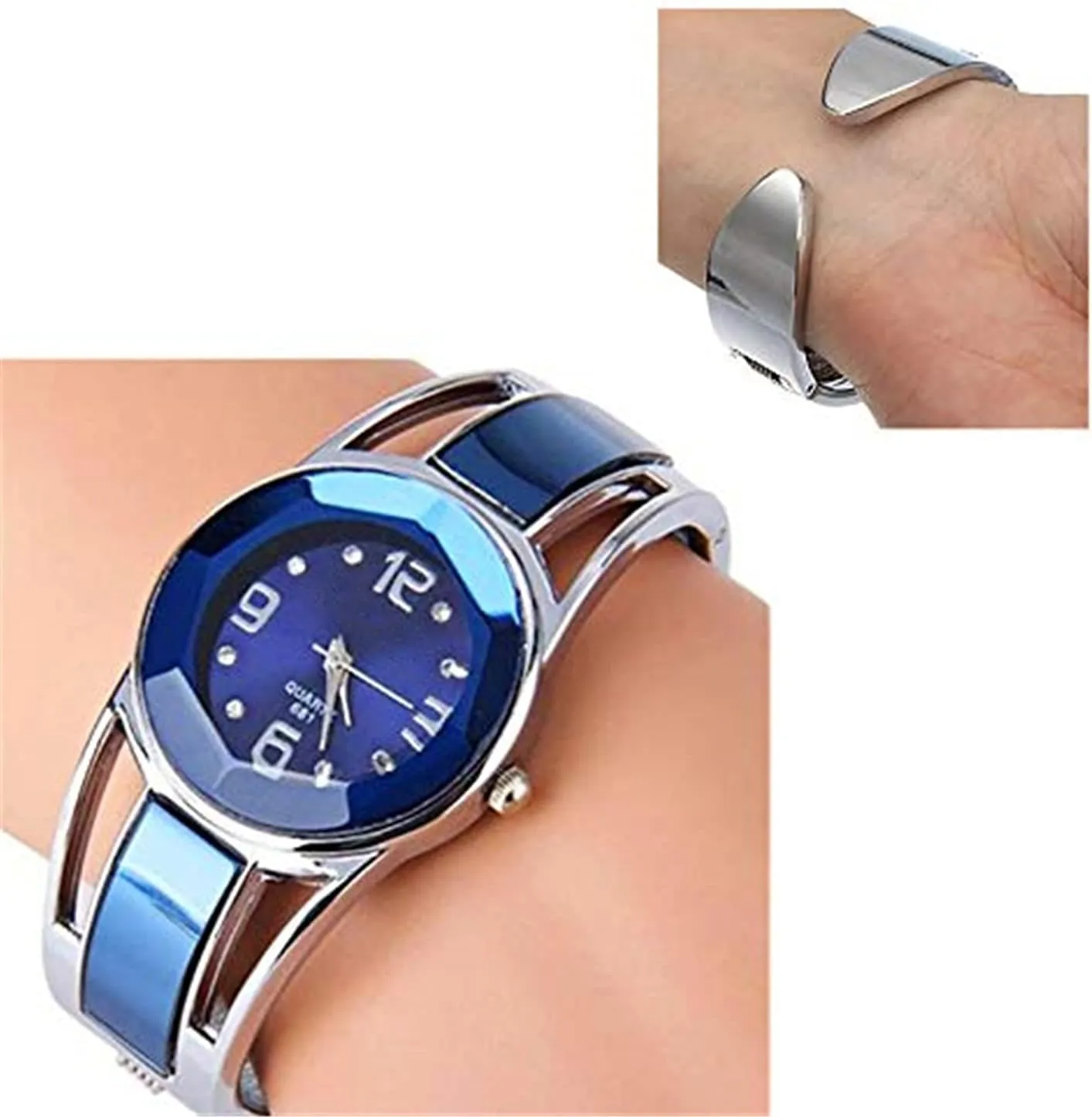 with Rhinestone Round Dial Stainless tethys Steel Band Cuff Watches with Womens Wrist Watch Box ELEOPTION Women Bangle Watch Bracelet Quartz 