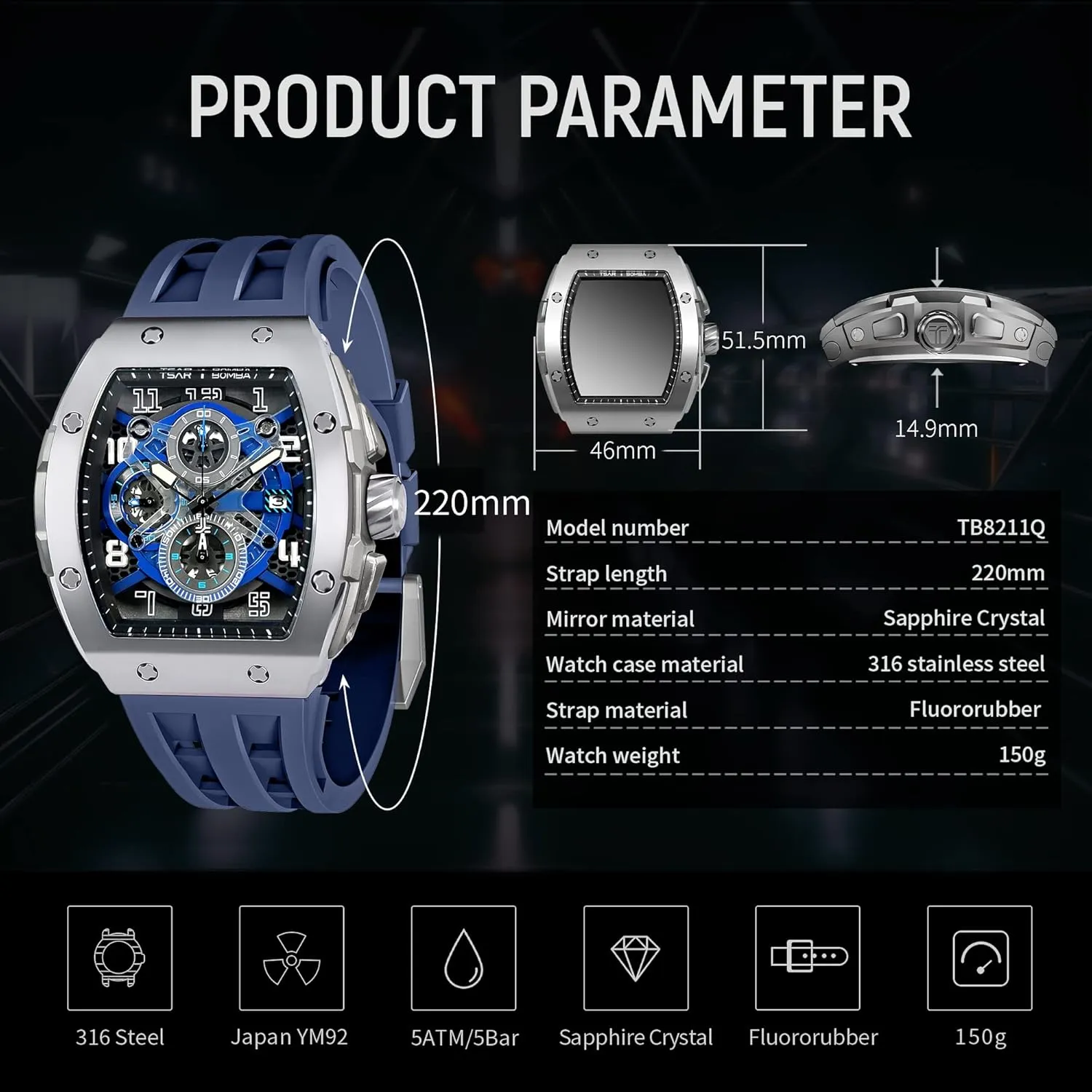 with Silicone Watch Bands, Japanese Quartz Movement Chronograph, Gifts for Men Watch for Men, noted 50M Waterproof Mens Watches, Luxury Tonneau Watch 