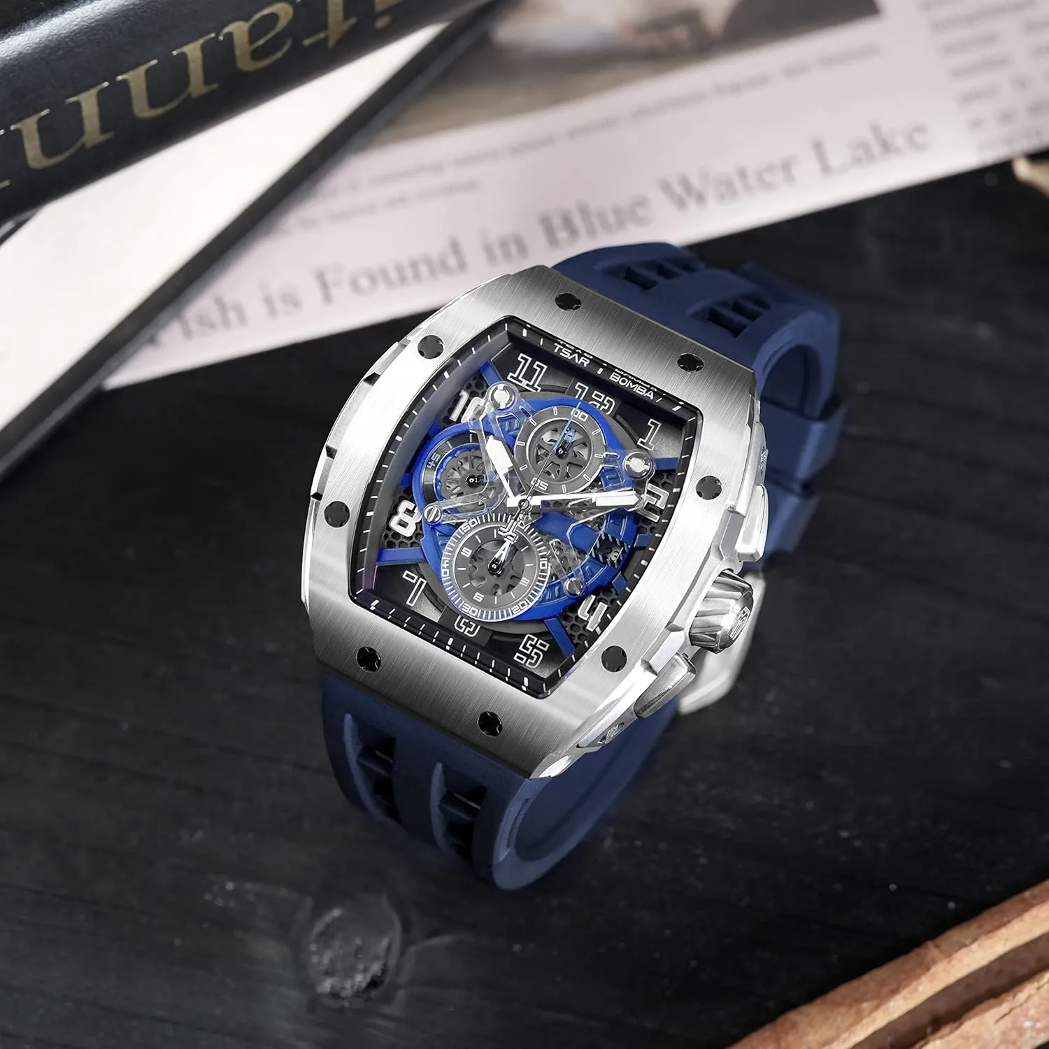 with Silicone Watch Bands, Japanese Quartz Movement Chronograph, Gifts for Men Watch for Men, noted 50M Waterproof Mens Watches, Luxury Tonneau Watch 