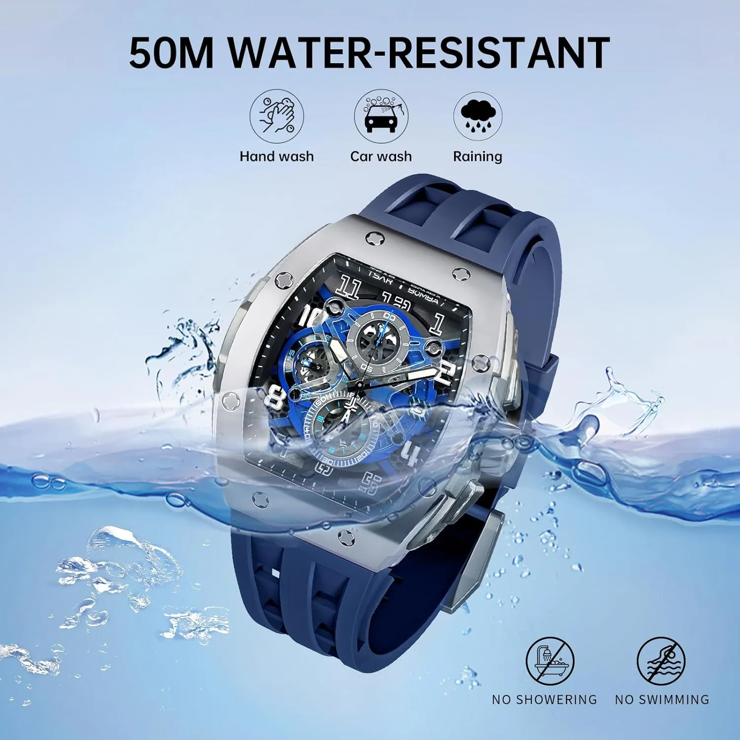 with Silicone Watch Bands, Japanese Quartz Movement Chronograph, Gifts for Men Watch for Men, noted 50M Waterproof Mens Watches, Luxury Tonneau Watch 