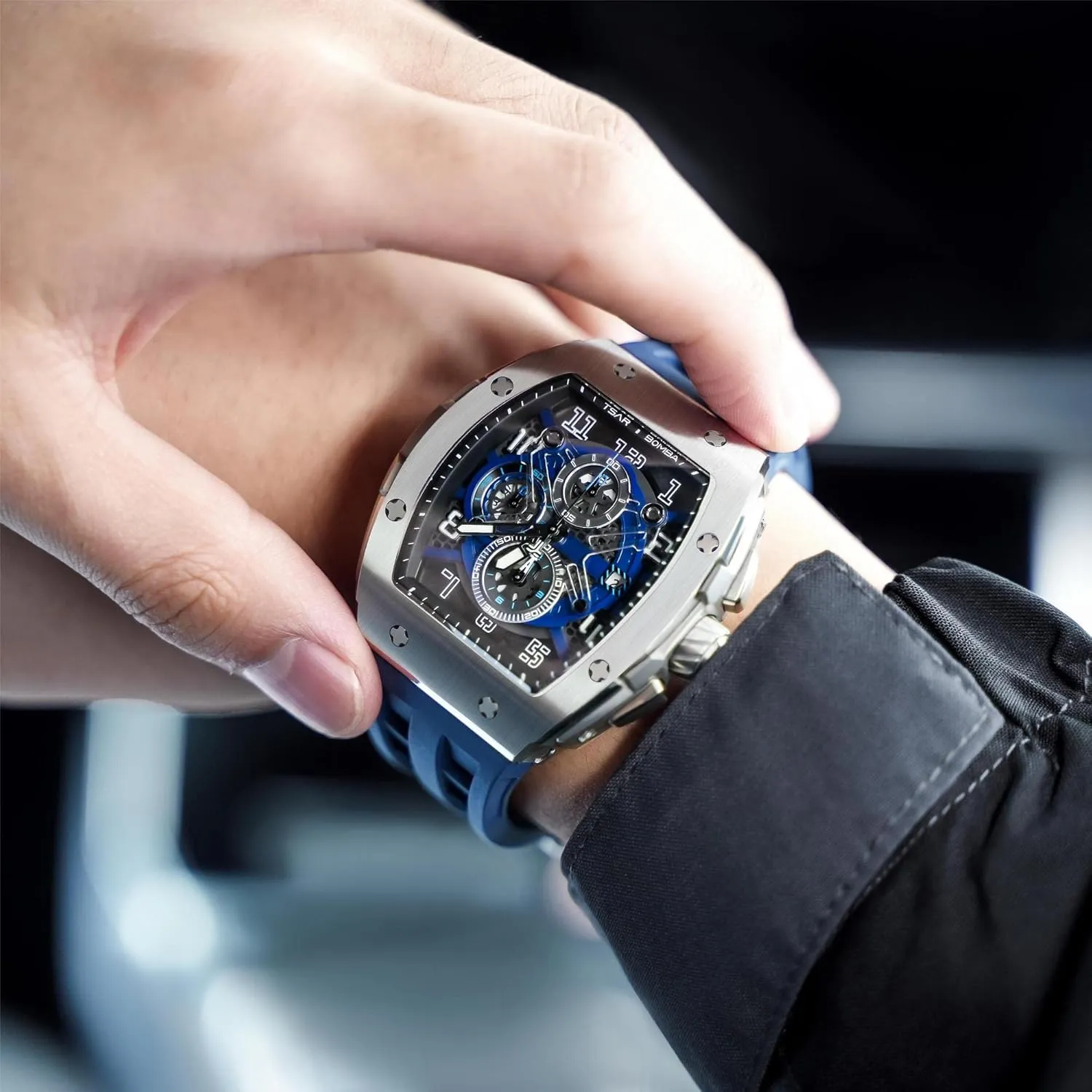 with Silicone Watch Bands, Japanese Quartz Movement Chronograph, Gifts for Men Watch for Men, noted 50M Waterproof Mens Watches, Luxury Tonneau Watch 