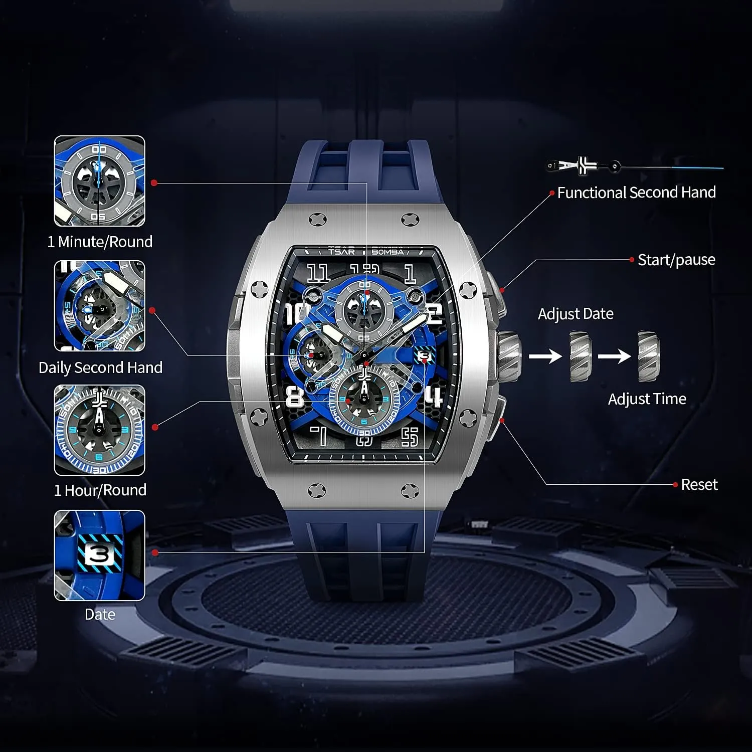 with Silicone Watch Bands, Japanese Quartz Movement Chronograph, Gifts for Men Watch for Men, noted 50M Waterproof Mens Watches, Luxury Tonneau Watch 