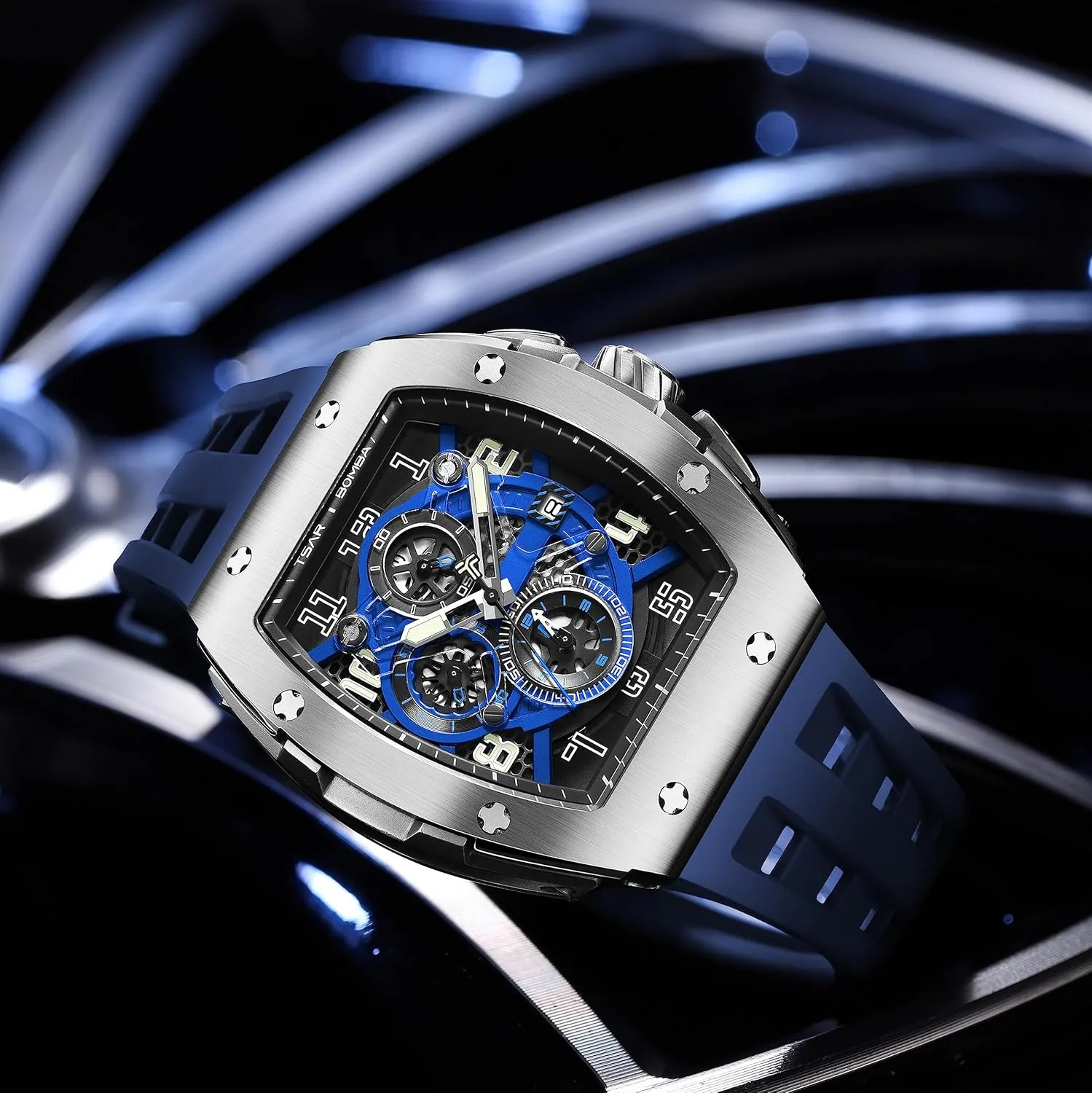 with Silicone Watch Bands, Japanese Quartz Movement Chronograph, Gifts for Men Watch for Men, noted 50M Waterproof Mens Watches, Luxury Tonneau Watch 