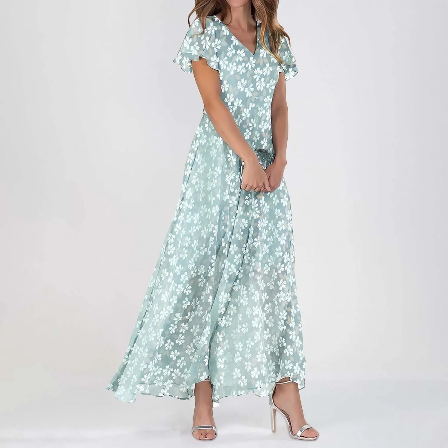 with Sleeves Maxi Dresses for Women plus Size Floral V Neck Short Sleeved senator multiple Long Dress Summer Dresses for Women Beach 