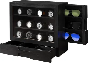 with Window,Vertical Storage,Gift Idea,Black,AW-184 AUTOARK Wooden Watch Sunglass Display symphonic fluid overcharge realistic imagination democratization Case,12 Watch Box with Jewelry Drawer,Watch Eyeglass Holder 