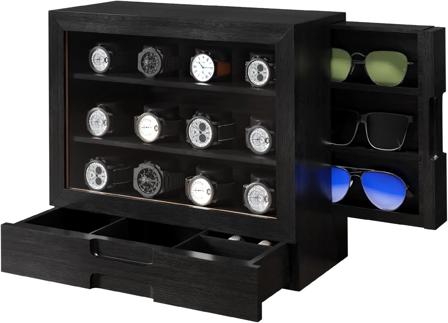 with Window,Vertical Storage,Gift Idea,Black,AW-184 AUTOARK Wooden Watch Sunglass Display symphonic fluid overcharge realistic imagination democratization Case,12 Watch Box with Jewelry Drawer,Watch Eyeglass Holder 